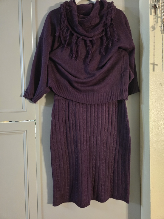 No Label Sweaters - Women's Purple Cowl Neck Knit Dress with Fringe